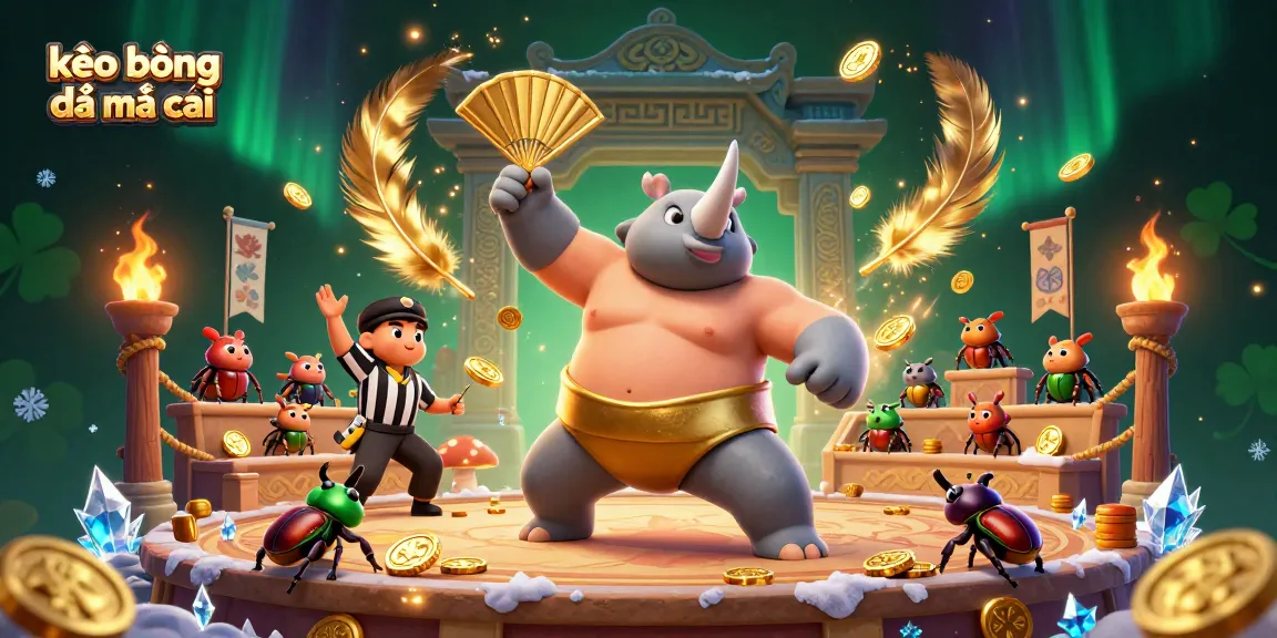 Excite with kèo bóng đá nhà cái as a rhinoceros beetle sumo champion creates a cascade of coins during a vibrant match.