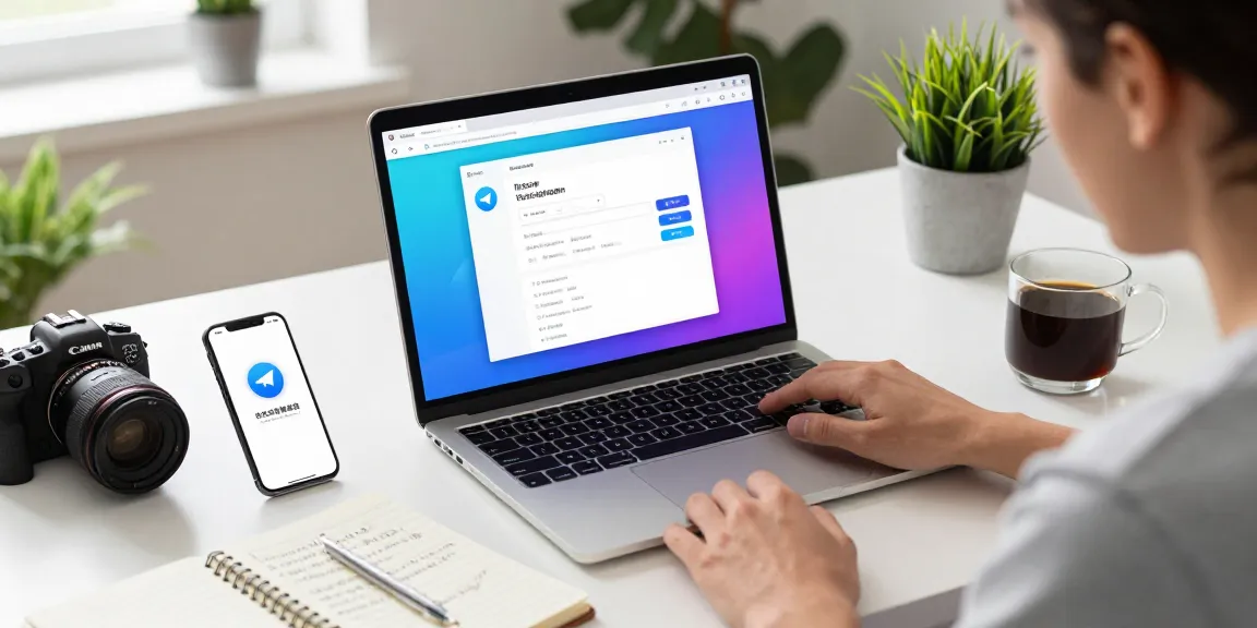 Setting up Telegram中文 interface on laptop with vibrant display and smartphone in modern workspace.