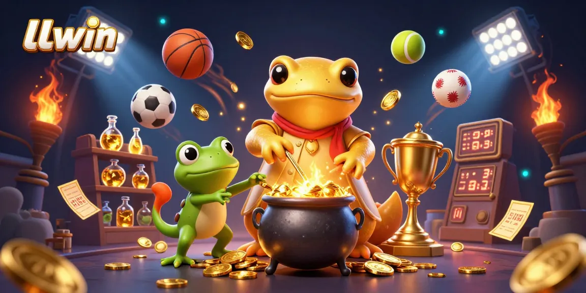 LLwin showcases an alchemist transforming metals into gold amidst flying sports balls and engaging casino elements.