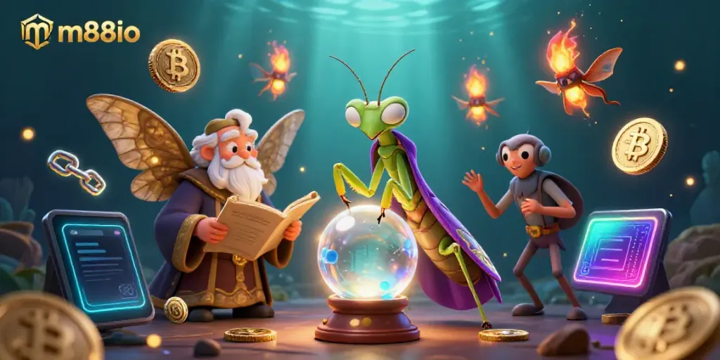 Engage in exciting strategies at mm88io with a mystical scene featuring fortune tellers and vibrant cryptocurrency.