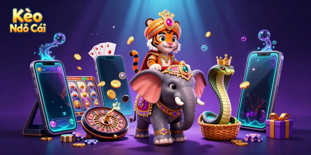 Kèo Nhà Cái offers an engaging scene featuring a cartoon maharaja tiger and an elephant with casino elements.