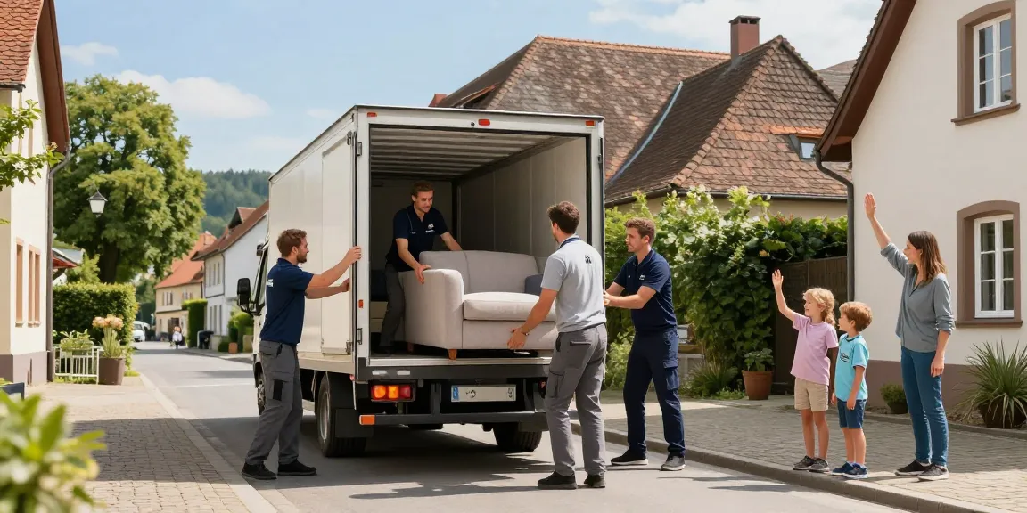 Umzugsunternehmen Schwetzingen – freundliches Team beim Möbeltragen in ruhiger Wohnstraße.