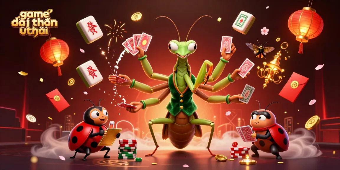 Engage with the game đổi thưởng uy tín scene featuring a giant praying mantis and a ladybug pit boss managing a lively casino atmosphere.