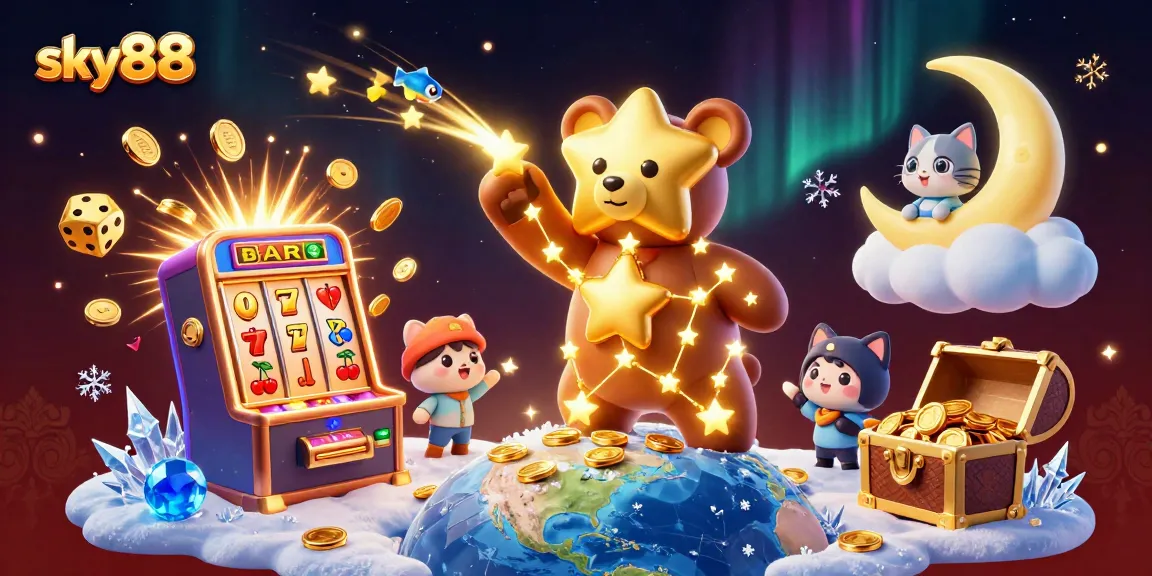 Engage with sky88's vibrant casino world, featuring a constellation bear, joyful coins, and thrilling games.