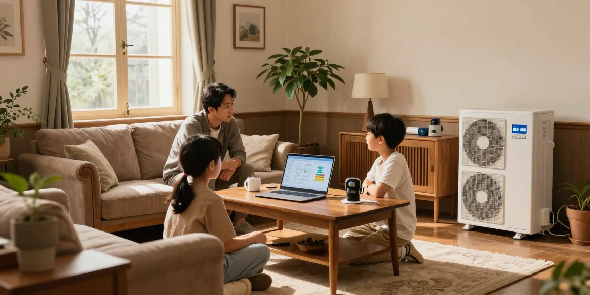 This family discusses benefits of installing a wärmepumpe im altbau in their cozy vintage living room.