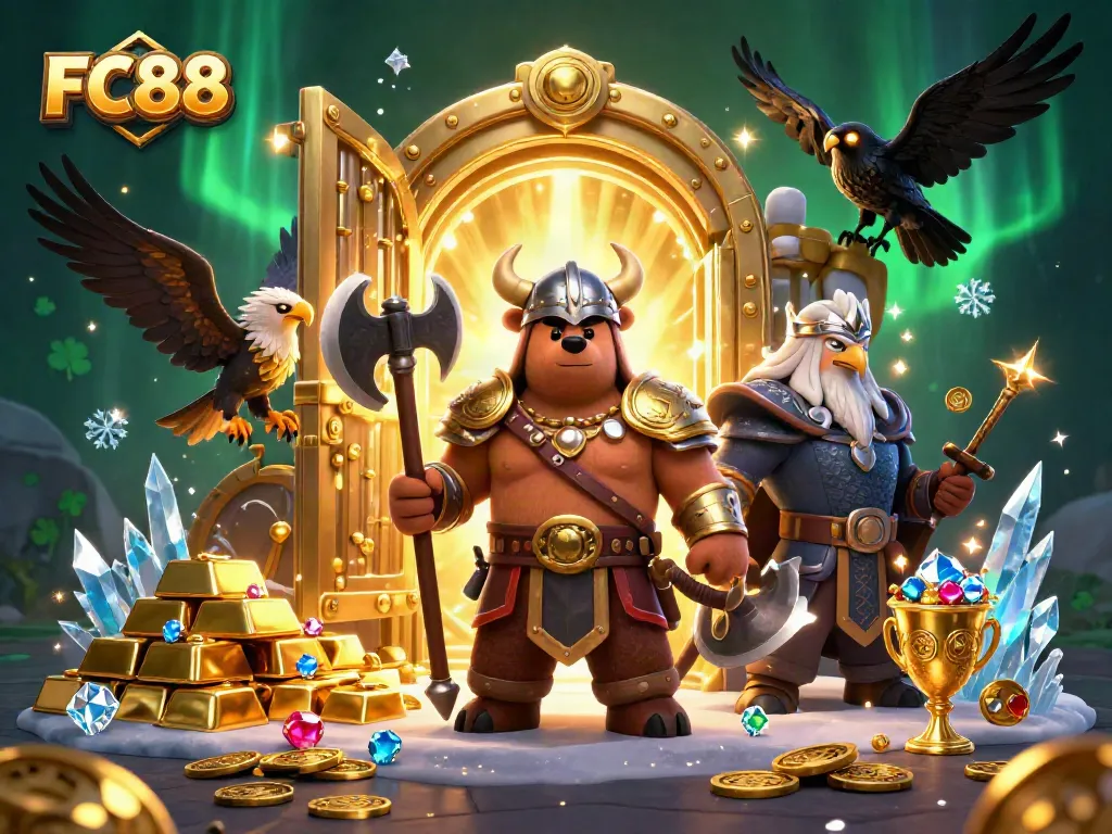 Experience thrilling slots and live casino action at FC88 with dynamic characters and glowing treasures.