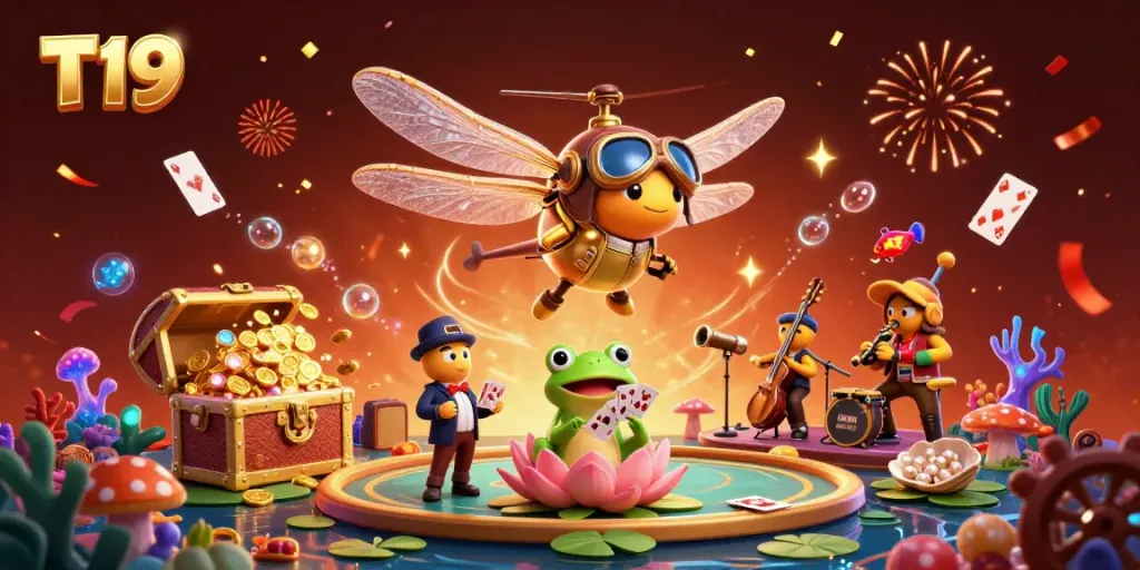 T19 casino scene with a dragonfly pilot, a frog croupier, and musicians amid glowing treasures.