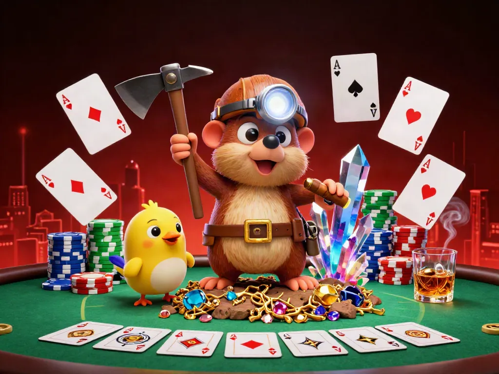 Experience excitement at f168 with a treasure hunter mole and canary in a vibrant casino cave scene.