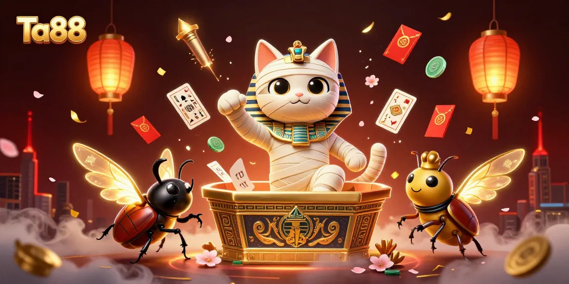 Spin the reels at Ta88 while witnessing an Egyptian mummy cat's vibrant casino adventure.