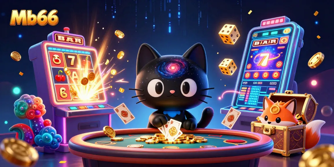 Engage with Mb66's cosmic gaming experience, featuring a playful black hole cat and a nebula fox amidst a jackpot explosion.