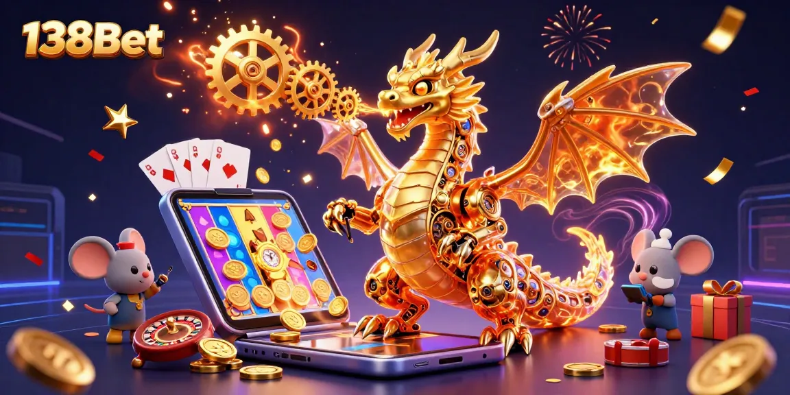 Experience the excitement of 138Bet with this dynamic 3D casino scene featuring a golden dragon, slot games, and festive elements.