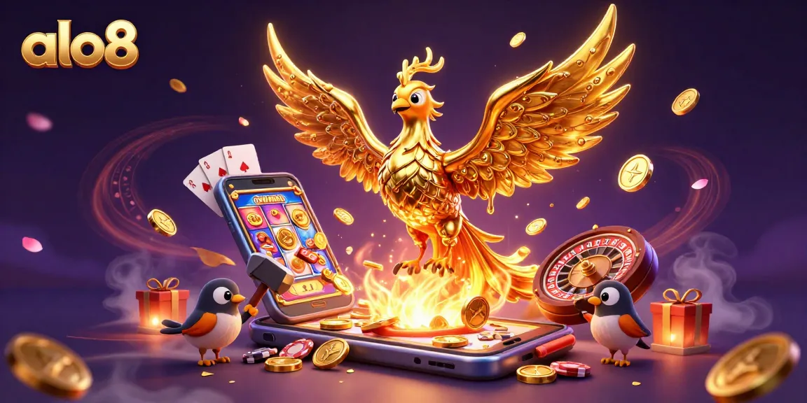 Experience exciting wins with ALO8 as molten gold coins rain from a phoenix in this vibrant casino illustration.