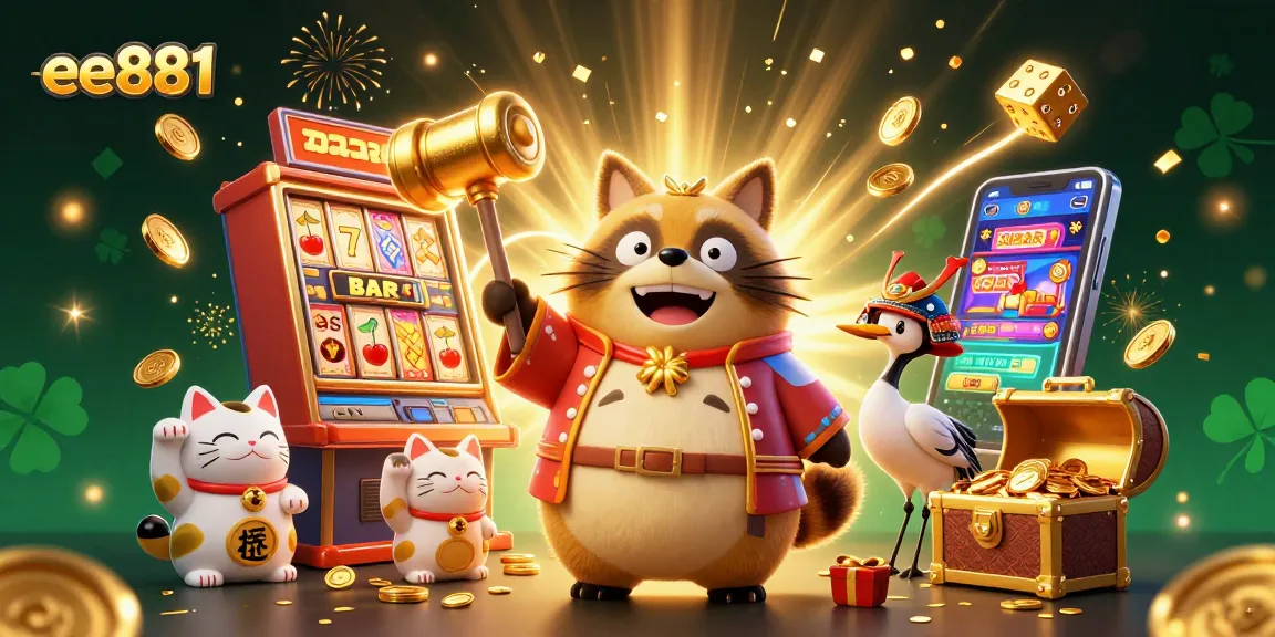 Experience thrilling wins with the festive ee881 characters celebrating at a vibrant casino scene.