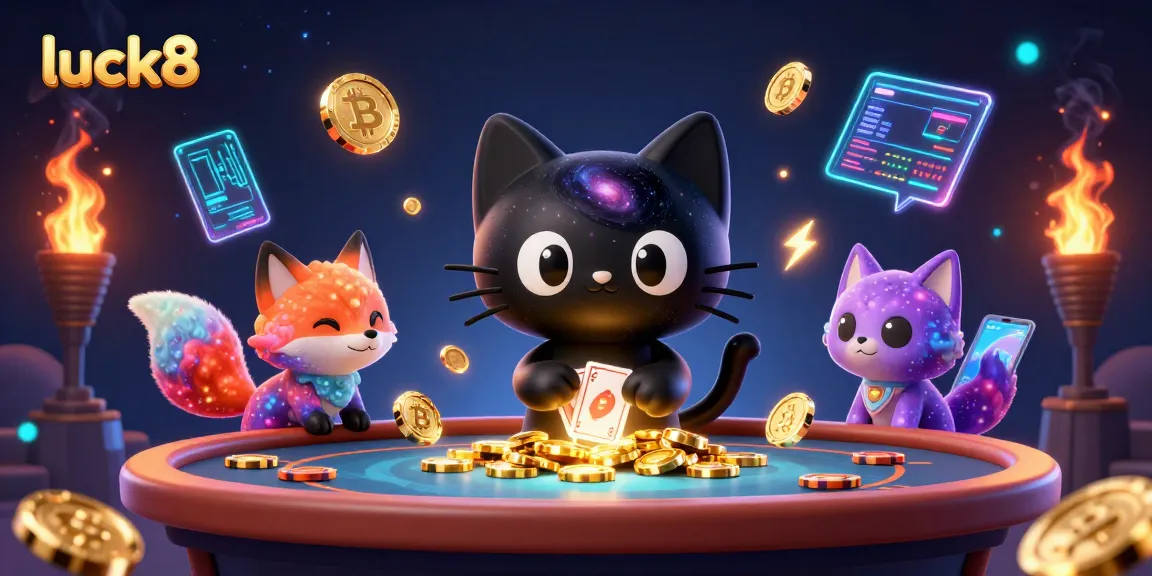 Spin winning bets with luck8 at a cosmic casino table, featuring animated characters and vibrant crypto elements