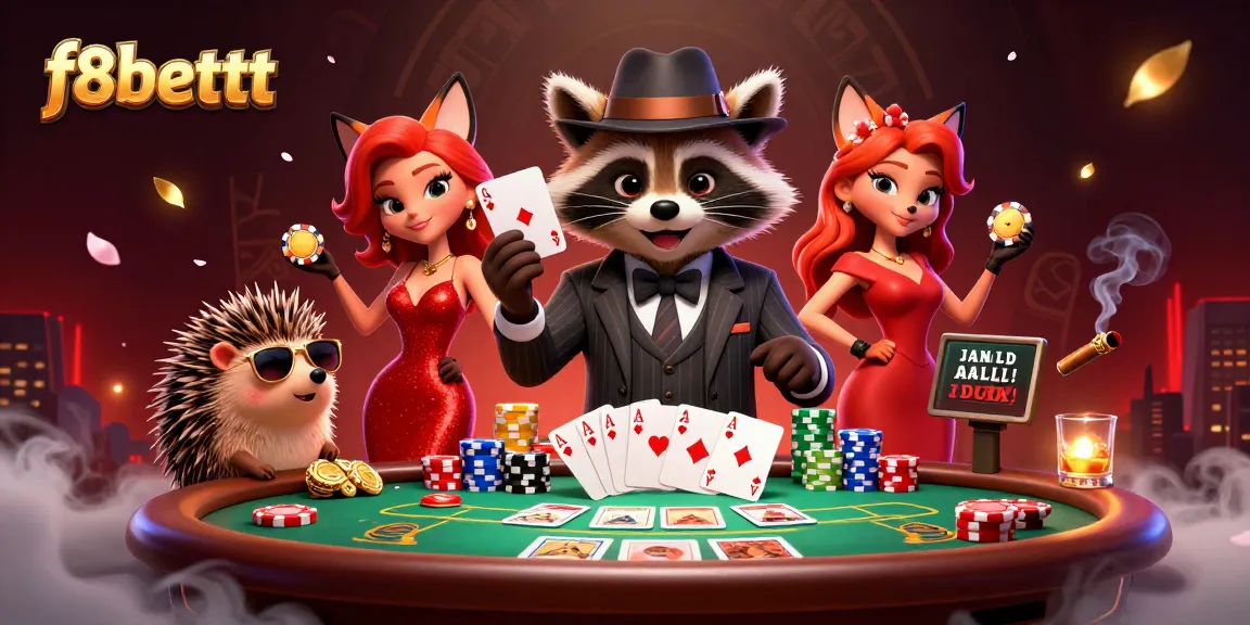 Experience f8bettt's dynamic poker scene with raccoon, fox, and hedgehog characters at a lively table.