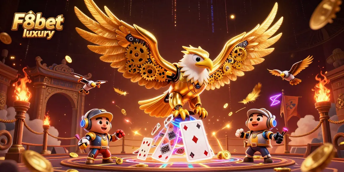 Experience thrilling gameplay with F8bet luxury through a dynamic 3D casino scene featuring a cybernetic eagle.