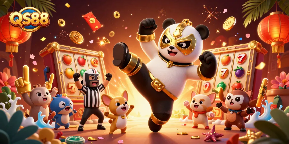 Experience the excitement of QS88 with a 3D panda wrestler, neon jackpots, and lively casino atmosphere.