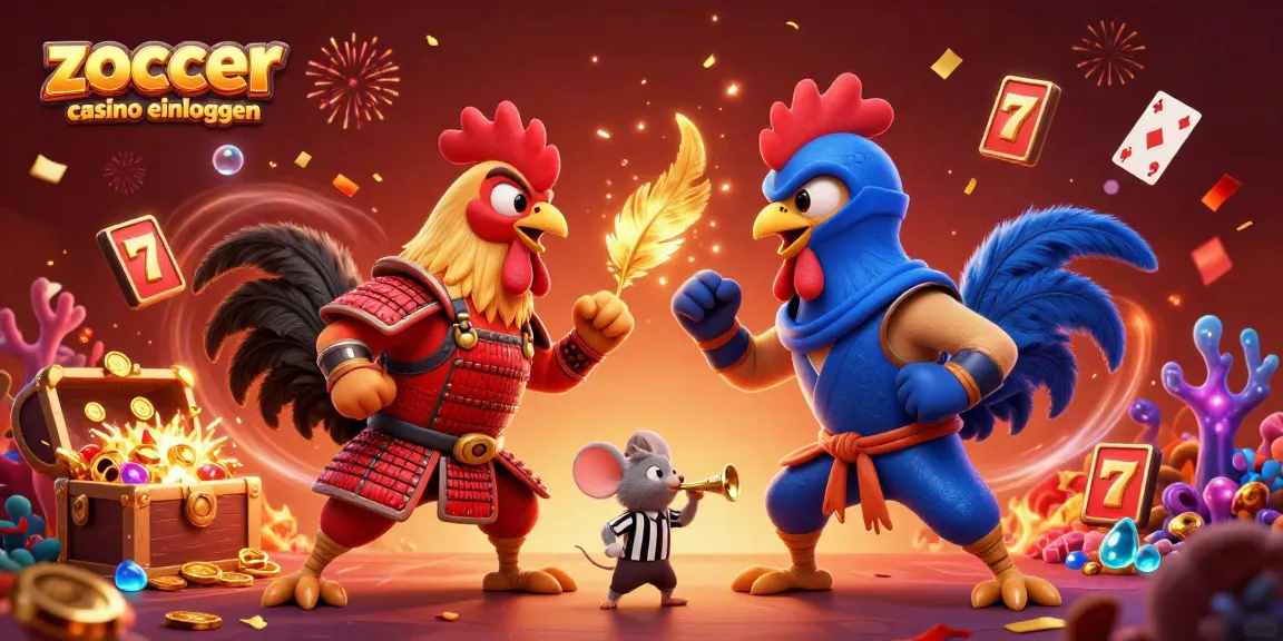 Zoccer casino einloggen features twin roosters in a dynamic showdown, celebrating winning strategies amidst floating slot elements.