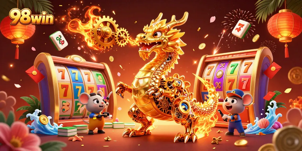 Experience thrilling gameplay at 98win with vibrant slot reels and animated characters in an engaging 3D scene.
