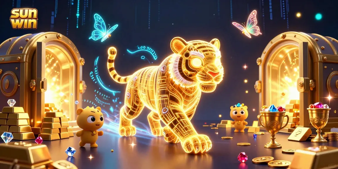 Experience sun win with a neon-wireframe golden tiger exploring a vibrant digital casino landscape.