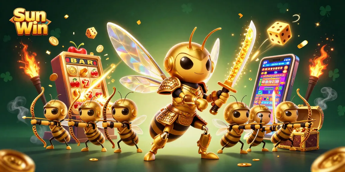 Experience thrilling wins with Sun Win in this vibrant 3D casino scene filled with golden treasures and dynamic elements.