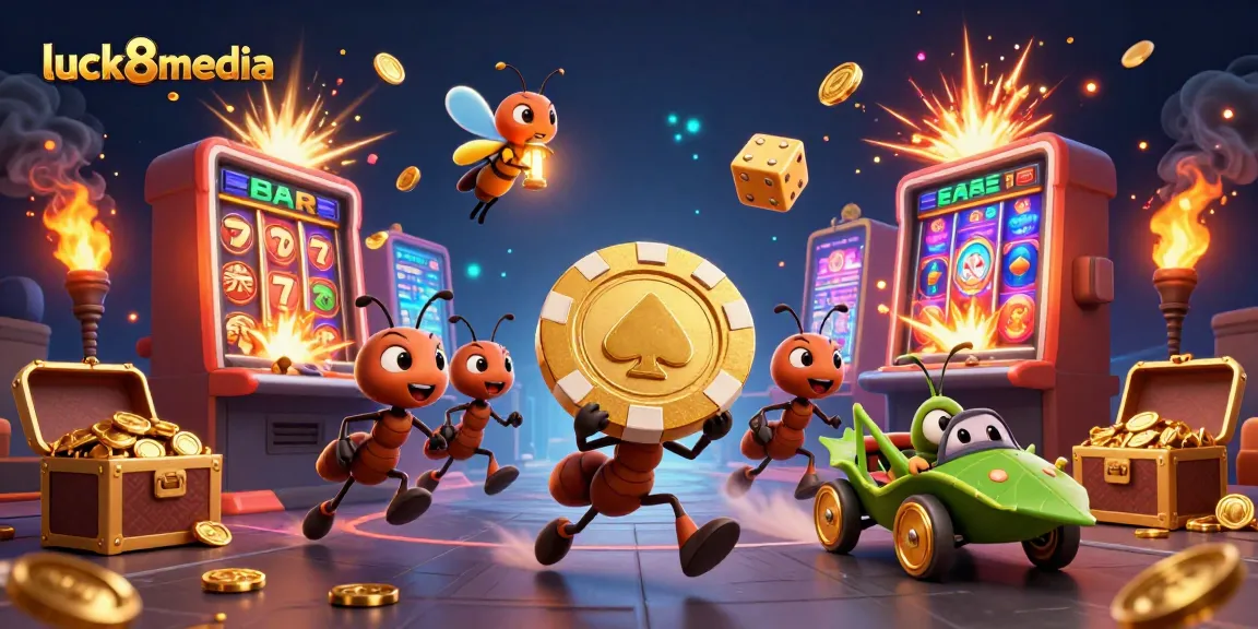 Experience excitement with luck8media as ants pull a golden poker chip heist in a thrilling casino-themed scene.