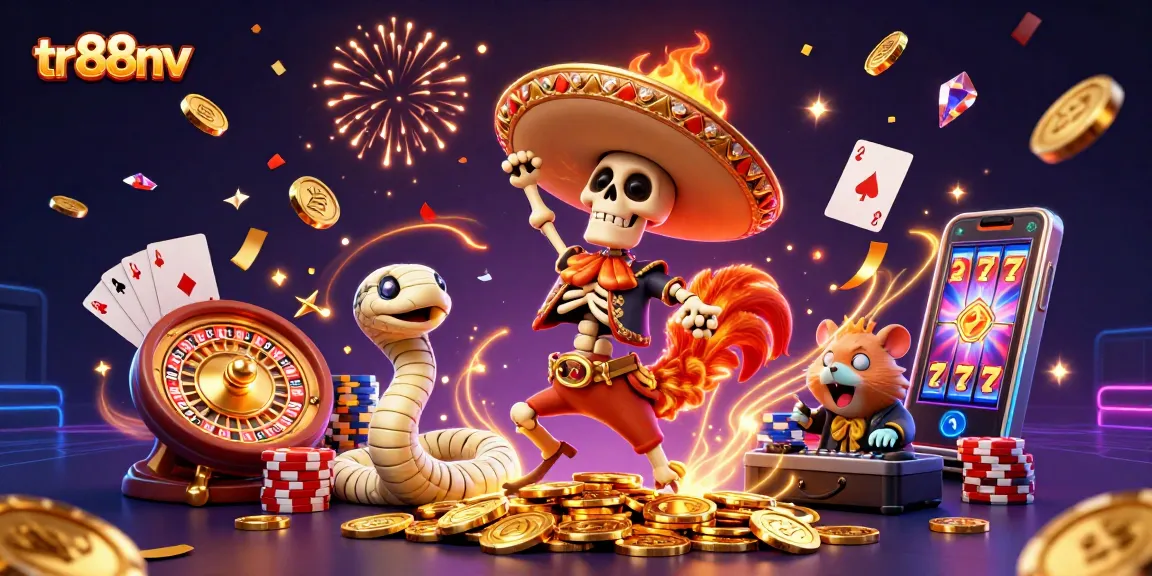 Experience thrilling casino action with tr88nv in this vibrant 3D illustration featuring a mariachi rooster.