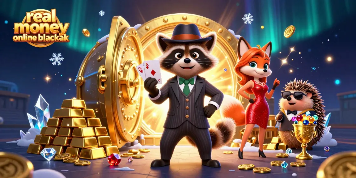 Experience real money online blackjack with suave raccoon, glamorous fox, and stylish hedgehog in this vibrant scene.