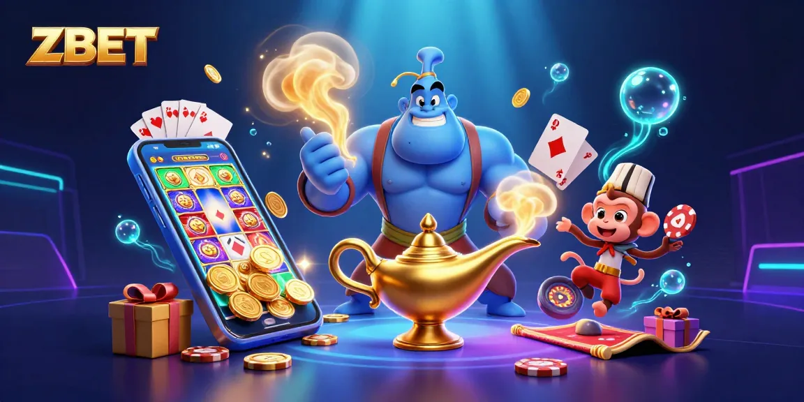 ZBET players enjoy winning with colorful slot games and vibrant casino elements in an engaging scene.