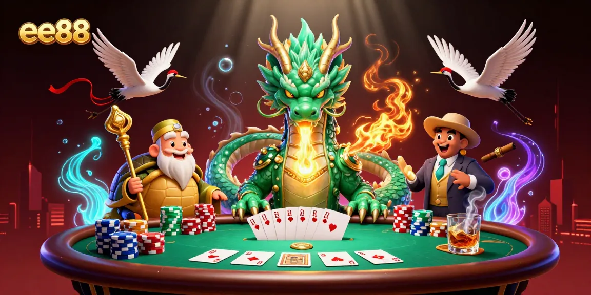 Experience ee88's thrilling atmosphere with a dragon and a turtle sage at a vibrant poker table.