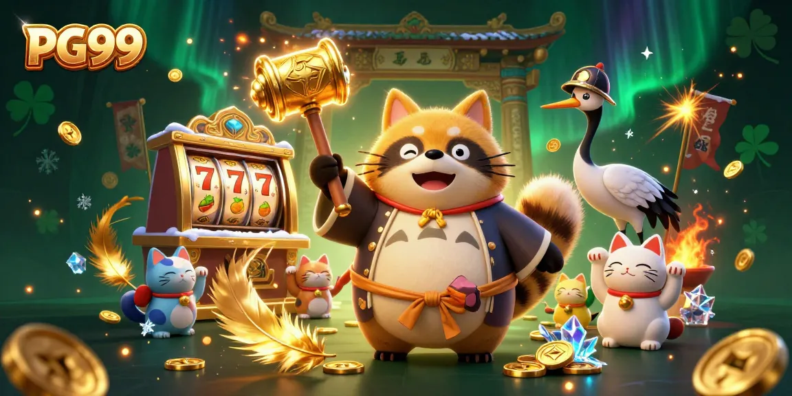 Experience PG99 with a cheerful tanuki celebrating slots and fortune in a vibrant 3D scene.