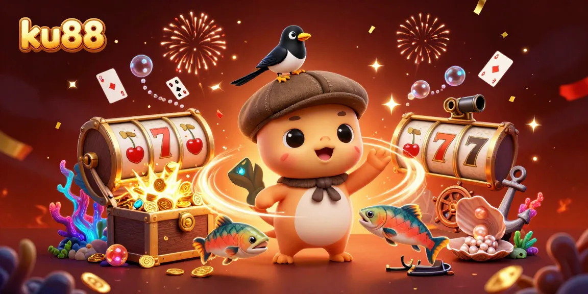Spin the reels for excitement in this lively ku88 casino illustration filled with vibrant characters.
