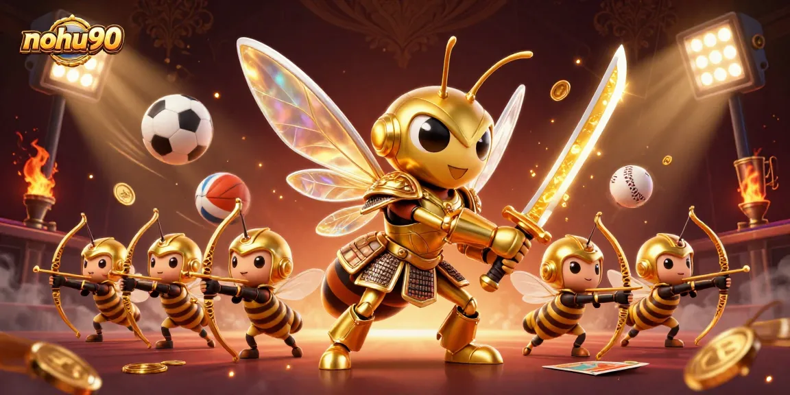 Engage with nohu90, as a golden hornet samurai leads a dynamic sports-themed scene.