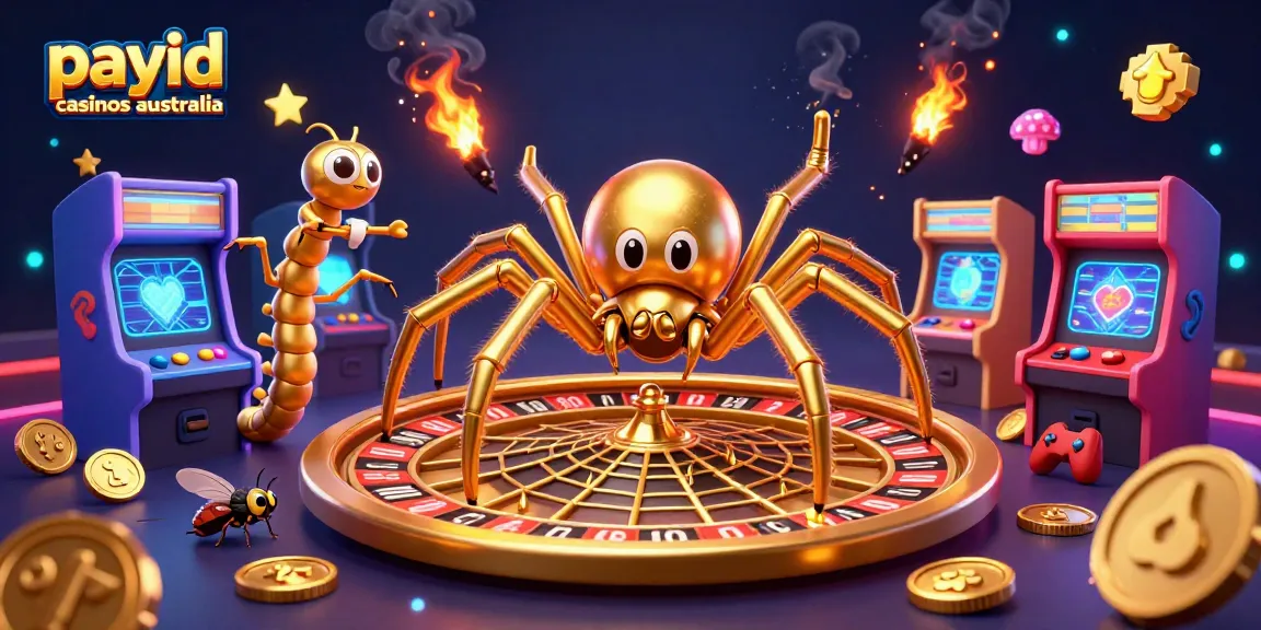 Experience the excitement of payid casinos Australia with a vibrant 3D illustration of a betting scene featuring a golden spider and an interactive roulette.