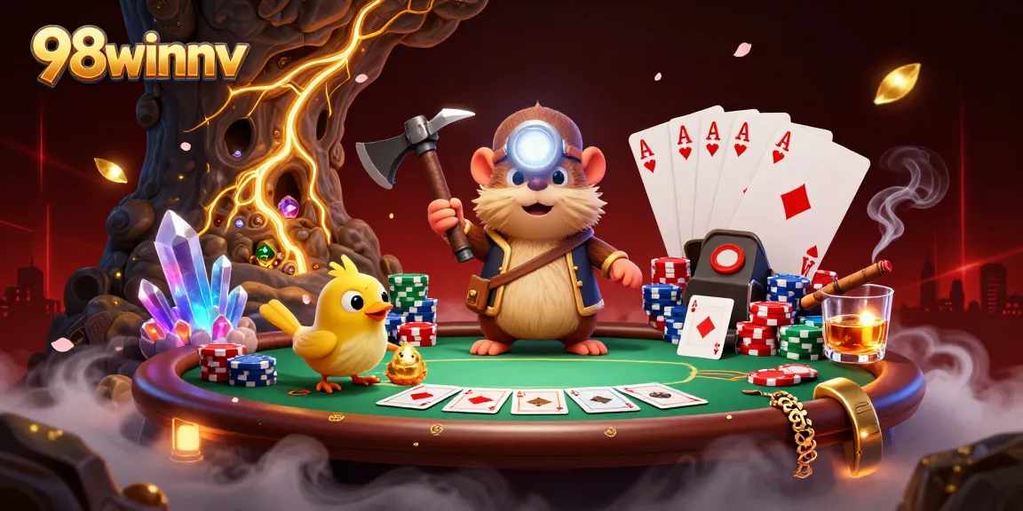 Experience thrilling gameplay in 98winnv with a vibrant scene featuring poker elements and treasure.