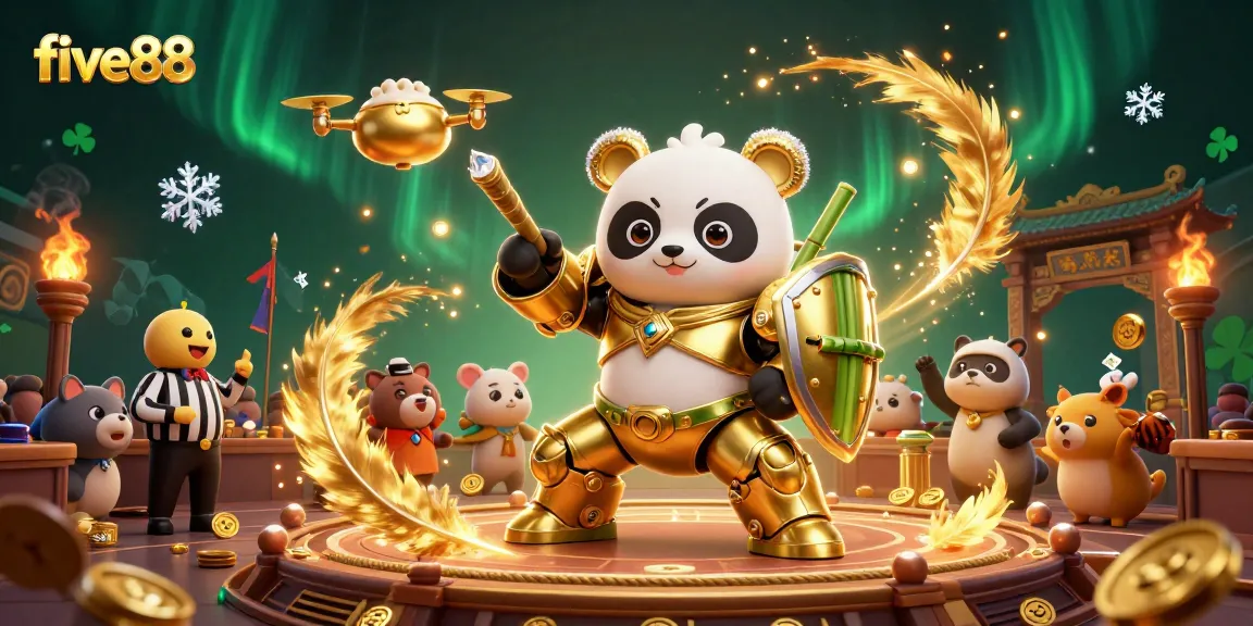 Experience the excitement at five88 as the golden panda battles in a vibrant casino arena.