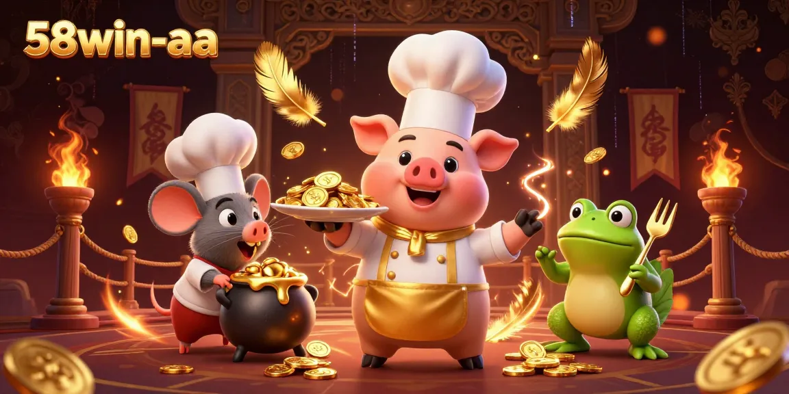 Experience thrilling gameplay at 58win-aa with cartoon chefs serving gold coins in a vibrant casino.