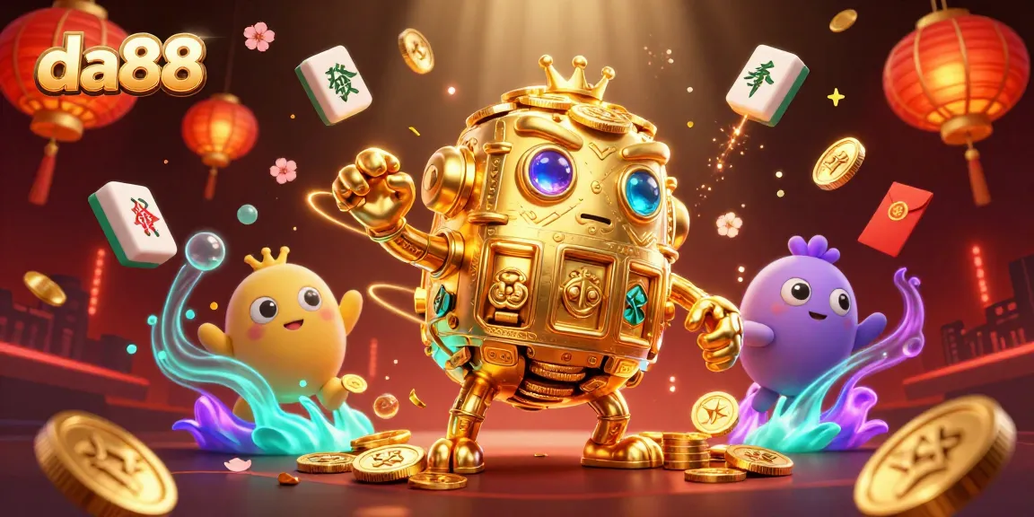 Engage with the da88 casino experience, featuring a dynamic golden golem amidst vibrant icons of luck.