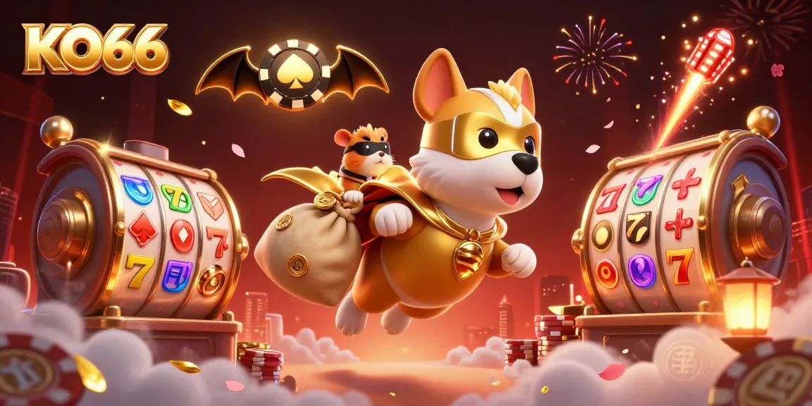 Experience KO66 adventures with a superhero dog and hamster amidst gold coins and vibrant casino elements.