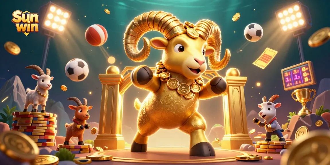 Experience the thrill of Sun win at an online casino while witnessing an energetic scene with golden ram and sports elements.