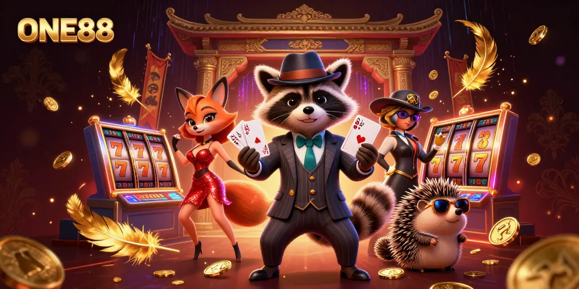 Engage with ONE88's vibrant casino scene featuring characters, slot reels, and a dynamic atmosphere.