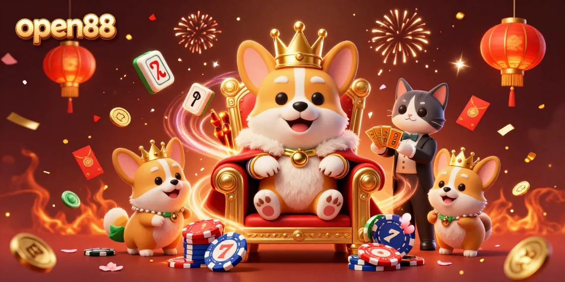 Engage with open88's vibrant gaming scene featuring royal corgis celebrating in 3D illustration.