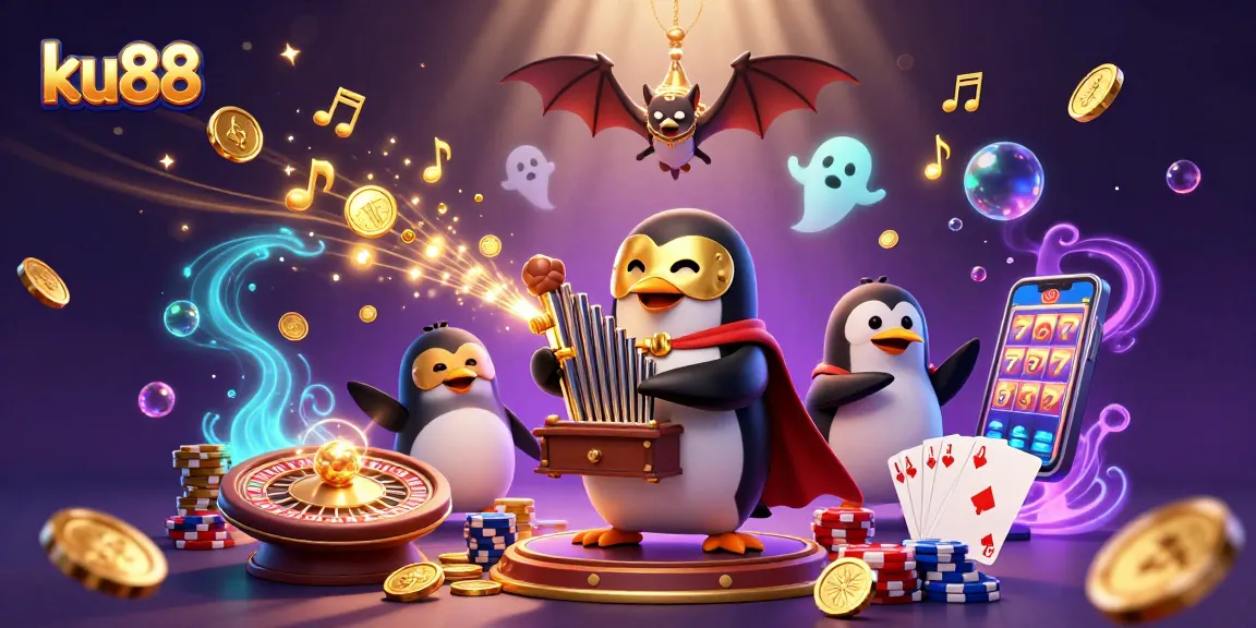 ku88 showcases a vibrant scene of a penguin organist and bat acrobat amid cascading coins and gems
