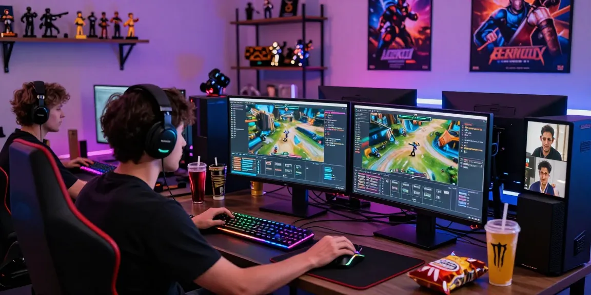 Gamer engaging in competitive gaming on https://sc88.chat/ with multiple screens and vibrant workspace.