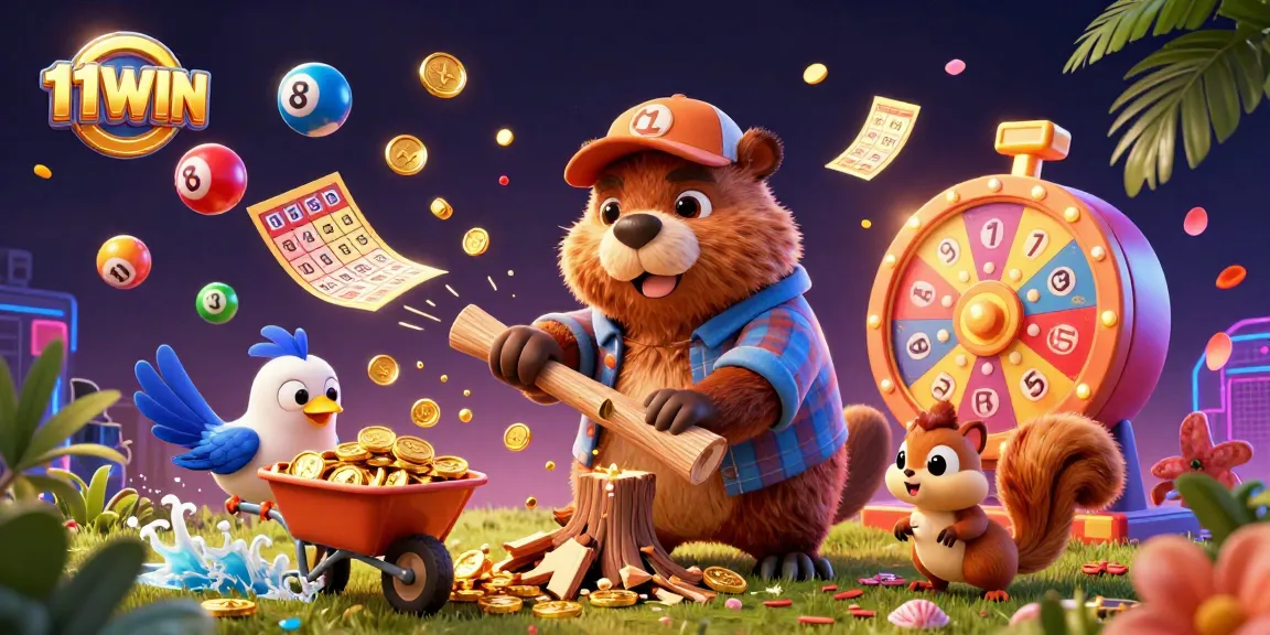 Engage with 11WIN in a vibrant 3D scene of a beaver, bird, and squirrel collecting coins.