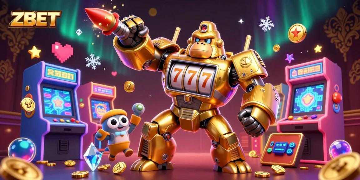 ZBET showcases an exciting 3D casino illustration with a dynamic golden gorilla mech and slot machine elements.