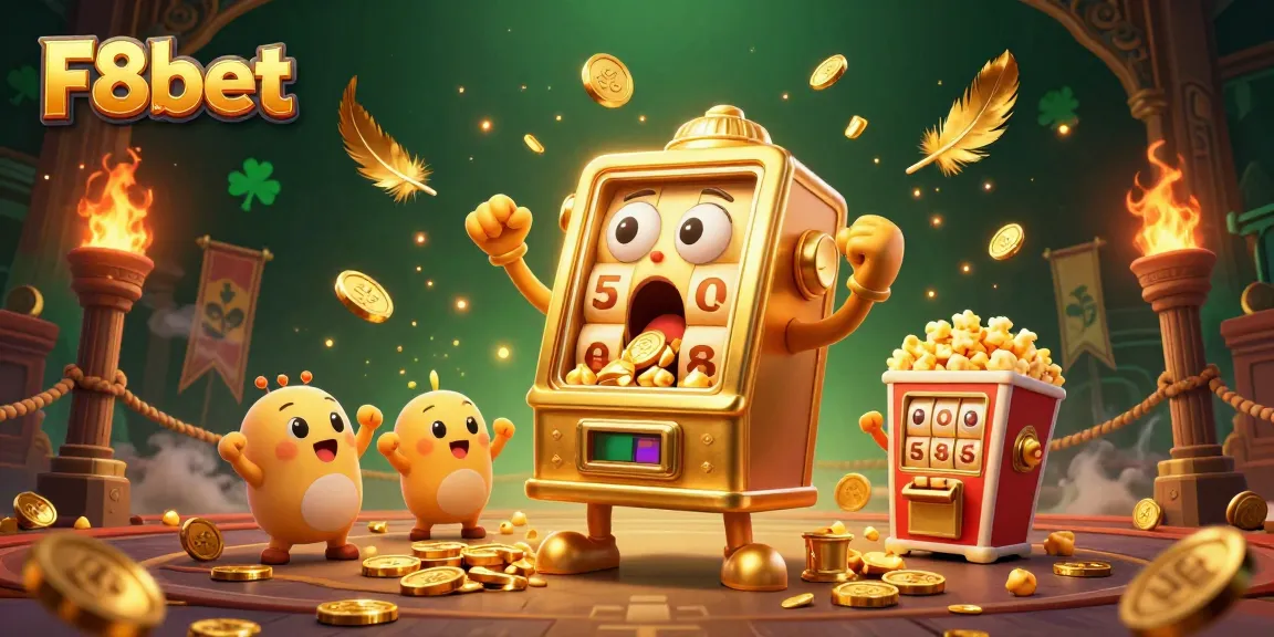 Experience excitement at F8bet as our golden slot machine hits the jackpot with coins pouring out!