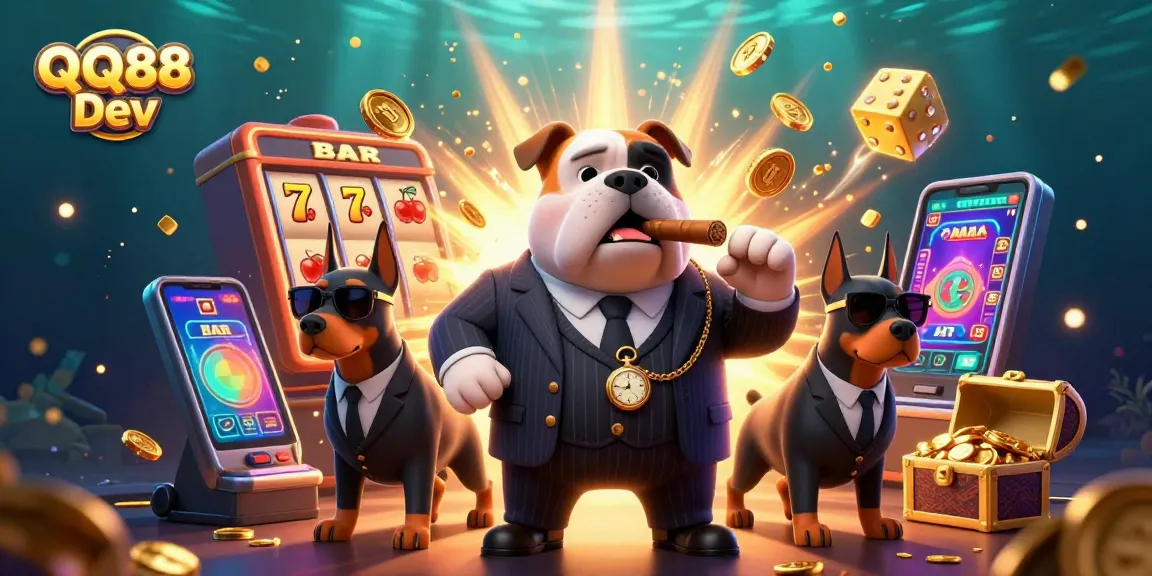 Experience vibrant casino action with QQ88 Dev featuring a mafia boss bulldog and dynamic slot machine.