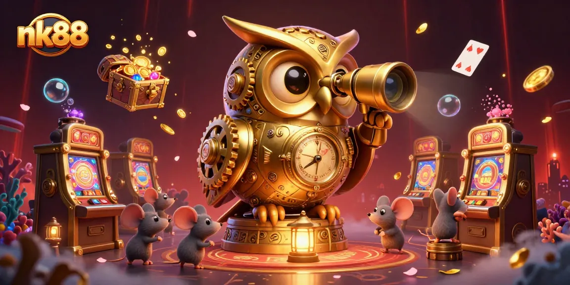Engage in thrilling gameplay at nk88 under the watchful gaze of a golden owl scanning slot machines.