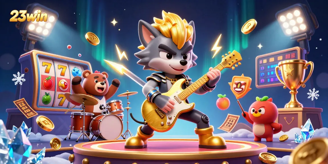Experience the excitement of 23win with a vibrant 3D illustration of dynamic casino action.